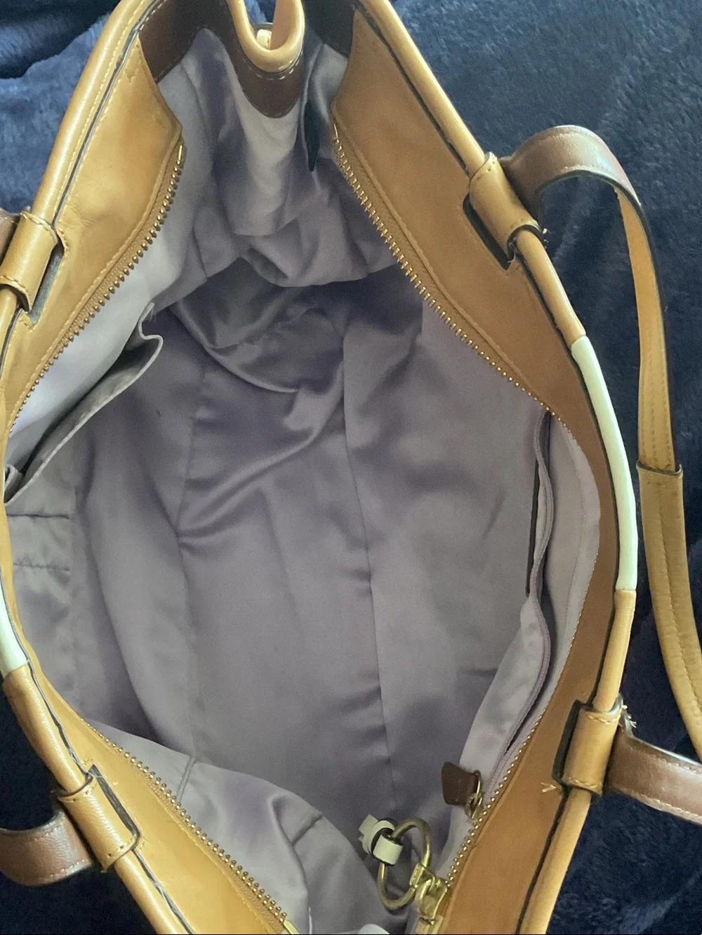 Coach Tan Leather Tote with Cream Center Stripe